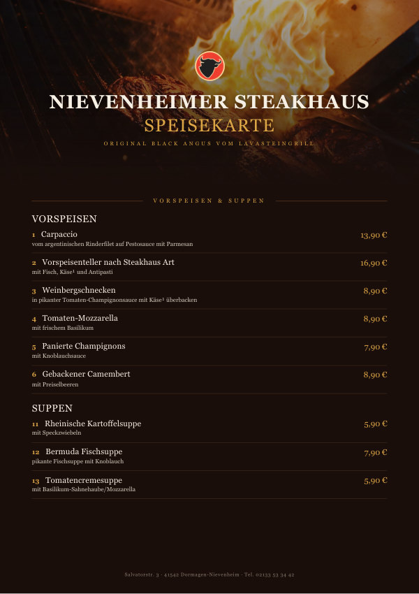 Titelseite der Speisekarte des Nievenheimer Steakhaus